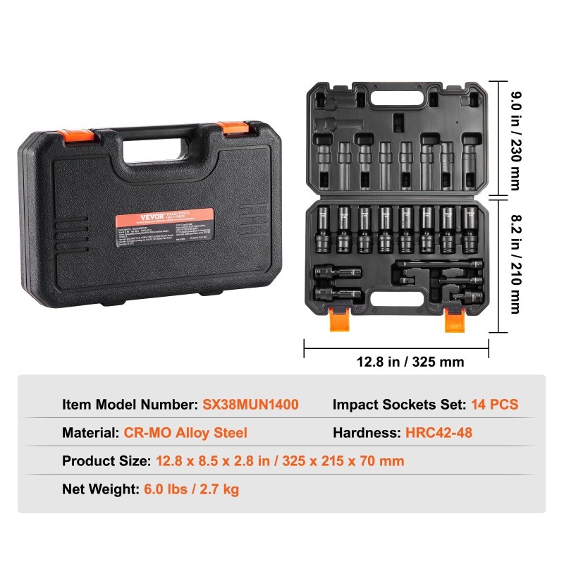 3/8-tuuman 14-osainen iskehylsysarja CR-MO-seosteräksestä 10–19 mm 360 asteen nivel 6-kulmainen