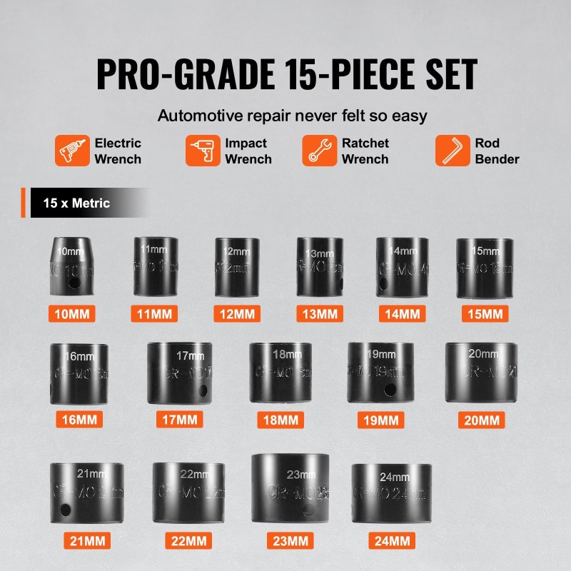 Iskuhylsysarja 15-osainen metrinen 10–24 mm 6-kulmainen CR-MO-seosteräs lyhyt autonhuoltoon