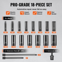 Iskusyvähylsysarja 3/8-tuuman 18-osainen CR-V-seosteräs 6-kulmainen 8–22 mm säilytyslaatikolla