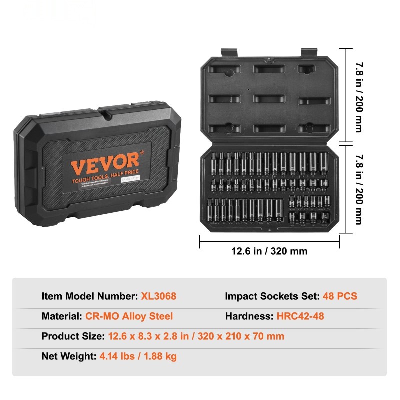 1/4 tuuman iskuhylsysarja Cr-Mo seosteräs 48 osaa SAE 3/16–9/16 ja 4–15 mm