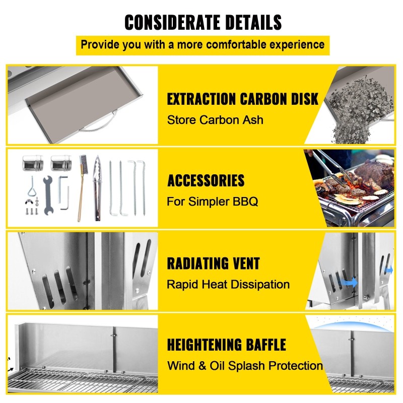 Pyörivä hiiligrilli ruostumatonta terästä 60 kg 25W moottori säädettävä vartaan korkeus