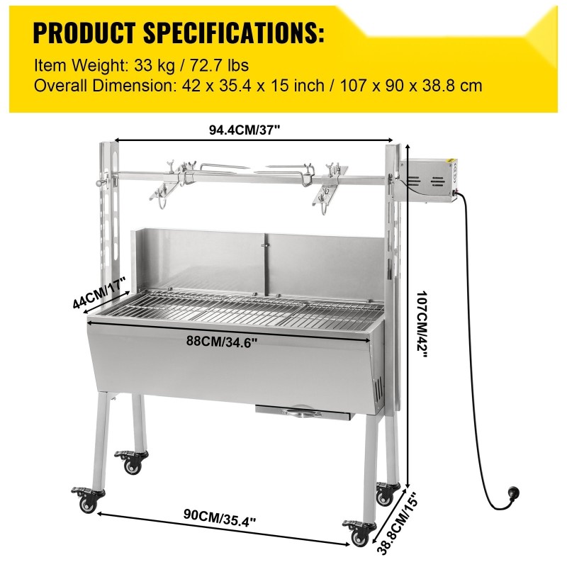 Pyörivä hiiligrilli ruostumatonta terästä 60 kg 25W moottori säädettävä vartaan korkeus