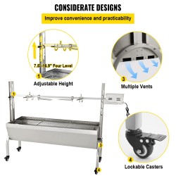 Pyörivä paistogrilli ruostumatonta ja sinkittyä terästä säädettävä vartaan korkeus lukittavat pyörät