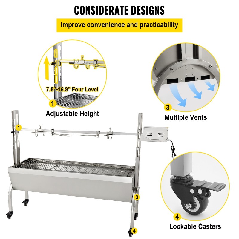 Pyörivä paistogrilli ruostumatonta ja sinkittyä terästä säädettävä vartaan korkeus lukittavat pyörät