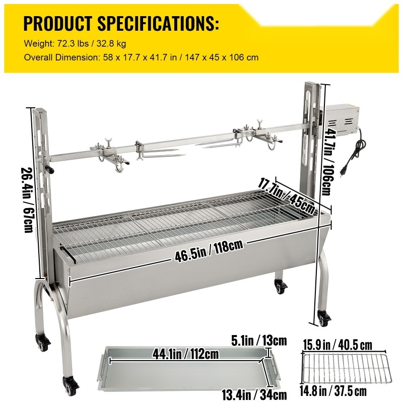 Pyörivä paistogrilli ruostumatonta ja sinkittyä terästä säädettävä vartaan korkeus lukittavat pyörät