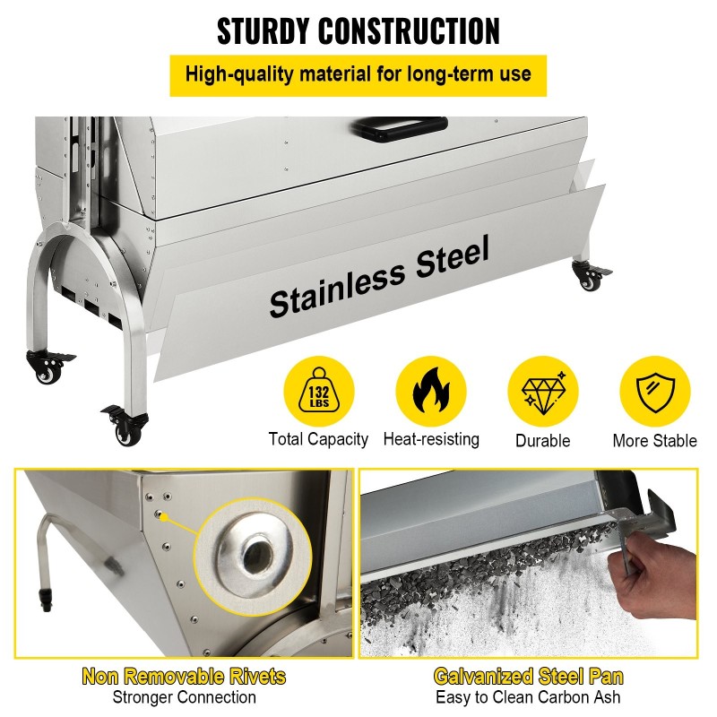 Grillivarras ruostumaton teräs 60 kilogramman kapasiteetti 40 watin moottori säädettävä korkeus