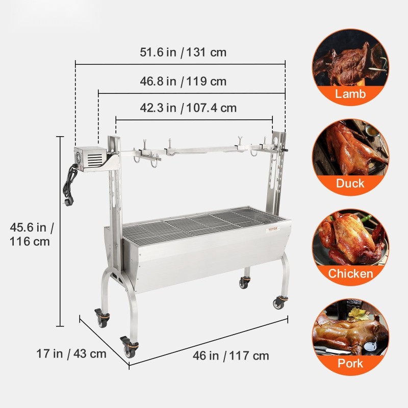 Sähkökäyttöinen grillivarras ruostumattomasta teräksestä 117 cm 50 W 41 kg