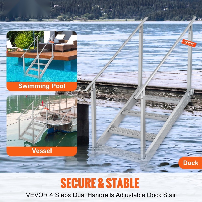 Alumiininen 4-portainen laituritikas säädettävä 30–38 tuumaa 500 paunaa kantavuus kaksinkertaiset kaiteet liukuestepolkimet