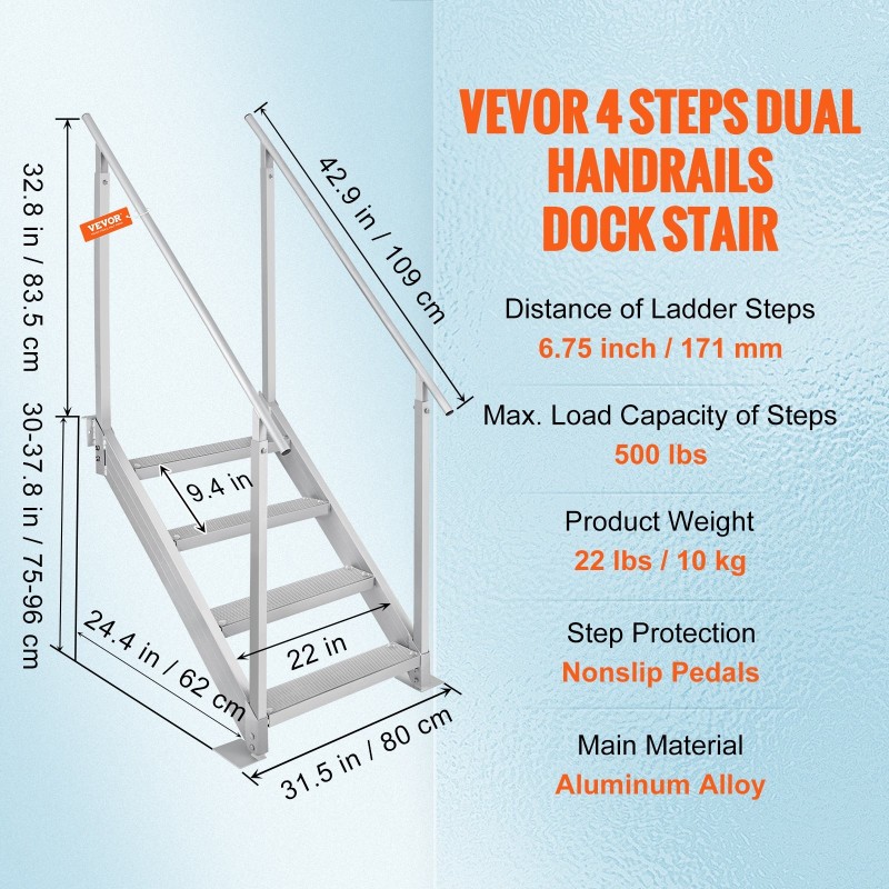 Alumiininen 4-portainen laituritikas säädettävä 30–38 tuumaa 500 paunaa kantavuus kaksinkertaiset kaiteet liukuestepolkimet