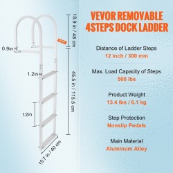 Laituri- ja venetikas irrotettava alumiininen neljä-askelmainen leveillä liukuesteaskelmilla