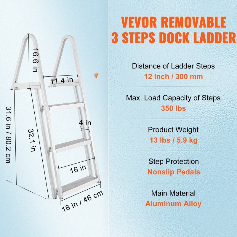 Irrotettava 3-askelmainen alumiiniseos laituri- ja venetikas 159 kg kantavuus liukuestepinnoilla