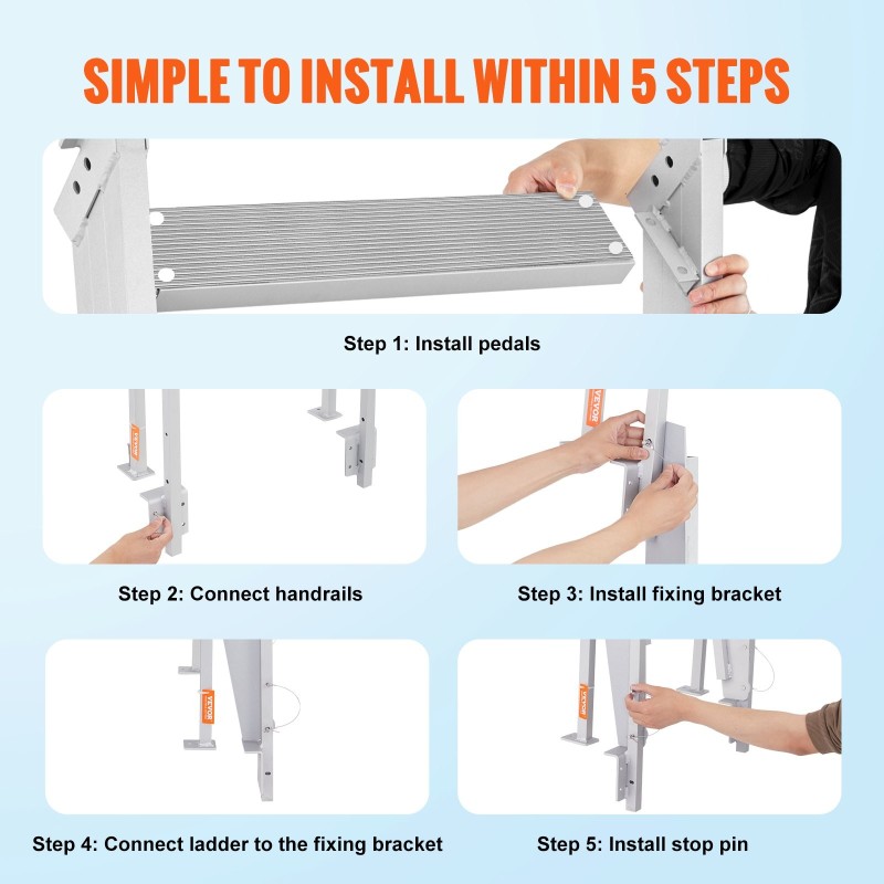 Laituritikkaat alumiiniseos kääntyvät 4-askelmaiset leveät askelmat 159 kg kantavuus