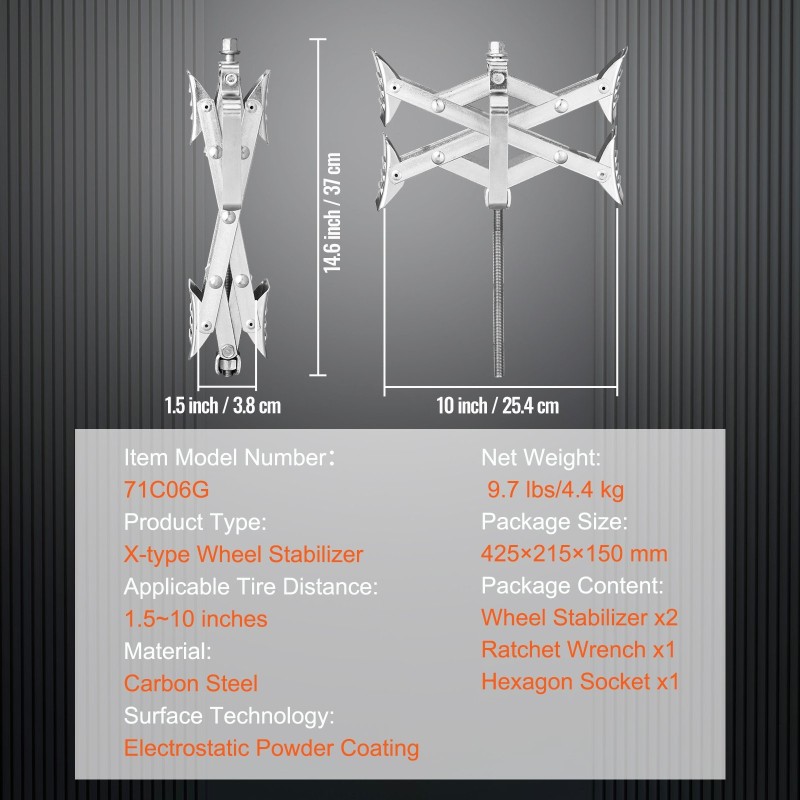 X-muotoinen hiiliteräs pyörävakaaja 2 kpl renkaiden väli 3,8–25,4 cm säilytyslaukku ja räikkäavain