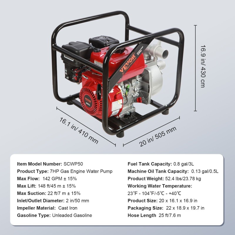 Bensiinikäyttöinen 2 tuuman vesipumppu 5 kW 537 l/min 45 m
