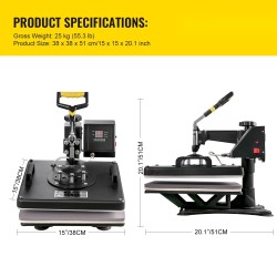 5-in-1 lämpöprässäri 15 x 15 tuumaa Teflon-pinnoitettu lämmityslevy T-paitoihin mukeihin hattuihin lautasille