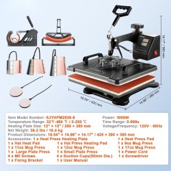 Lämpöprässi 8-osainen teflon-pinnoitettu tasoprässi 30 x 38 cm T-paidoille mukeille hattuille lautasille