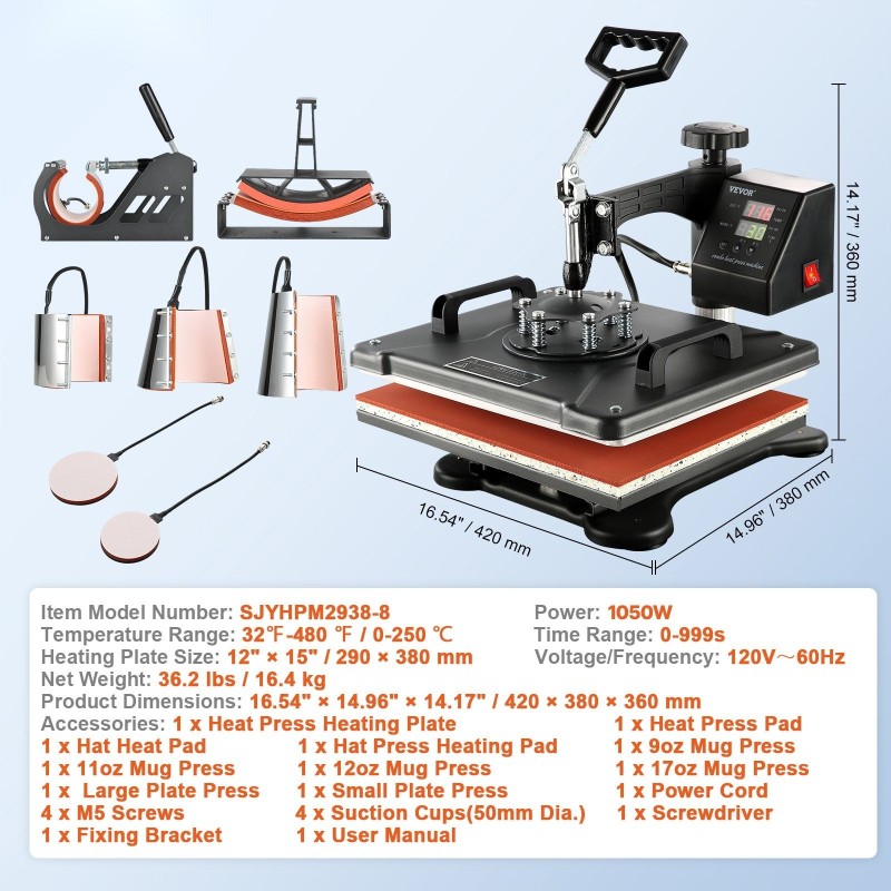 Lämpöprässi 8-osainen teflon-pinnoitettu tasoprässi 30 x 38 cm T-paidoille mukeille hattuille lautasille