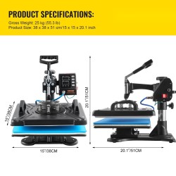 Lämpöprässi teflonpinnoitettu 30 x 38 cm 10-in-1 1000 W 360 asteen kääntyvä