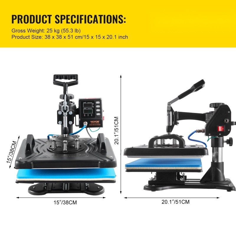 Lämpöprässi teflonpinnoitettu 30 x 38 cm 10-in-1 1000 W 360 asteen kääntyvä