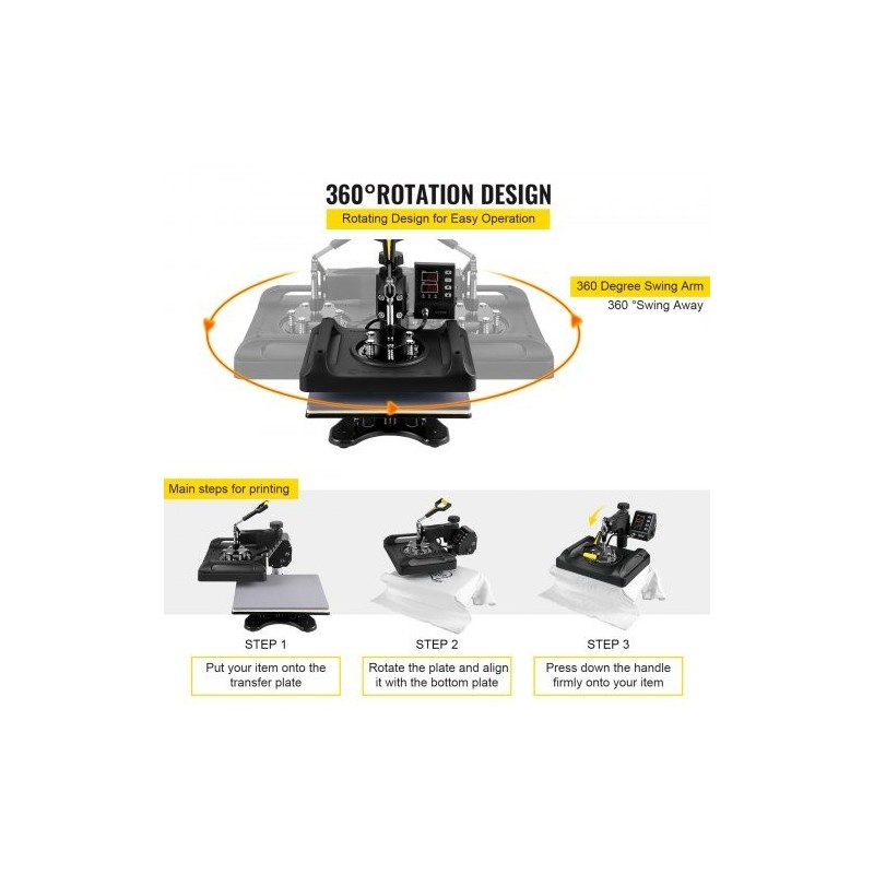 Lämpöprässilaite 29x38cm 8-toiminen 360-asteinen kääntyvä kaksoisputkilämmitys T-paidoille ja mukeille