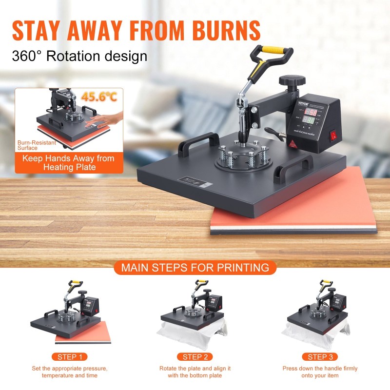 Kaksitoiminen kääntyvä lämpöprässi 38x38cm teflonpinnoite digitaalinen ohjaus lippalakkipuristin