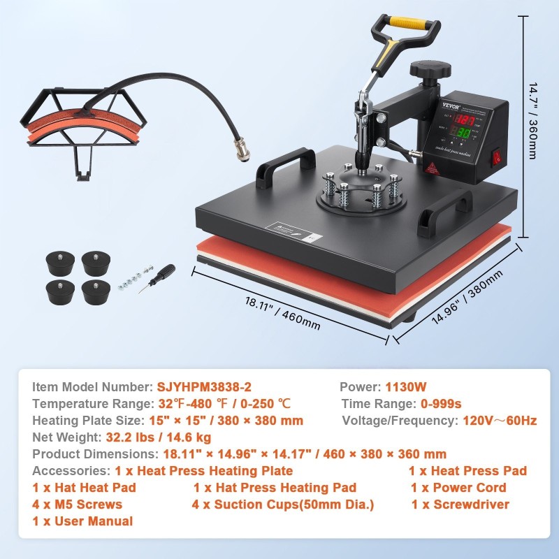 Kaksitoiminen kääntyvä lämpöprässi 38x38cm teflonpinnoite digitaalinen ohjaus lippalakkipuristin