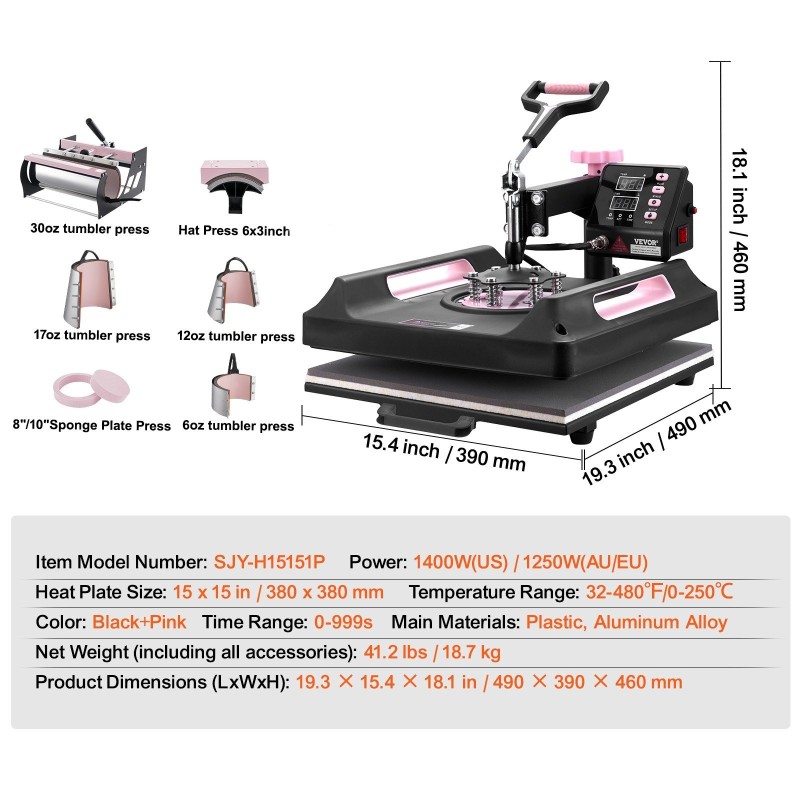 Lämpöprässi 8-toiminen muovi alumiiniseos 380x380 mm musta
