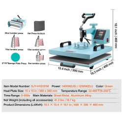 Lämpöprässi peltilevy alumiiniseos 380 x 380 mm 8-osainen lisäosilla T-paitoihin mukeille lippiksiin