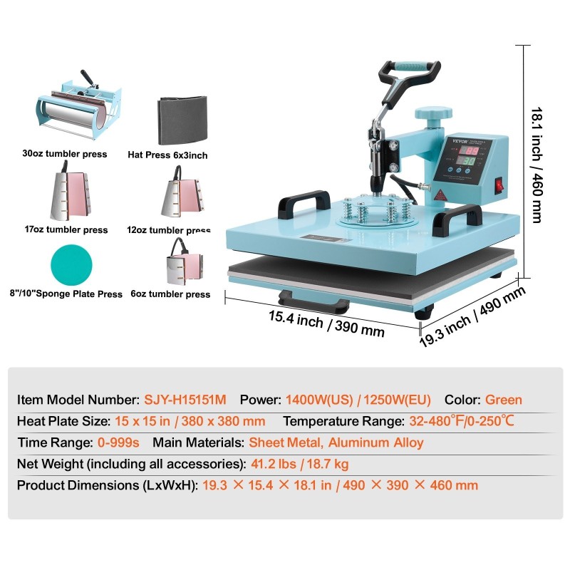 Lämpöprässi peltilevy alumiiniseos 380 x 380 mm 8-osainen lisäosilla T-paitoihin mukeille lippiksiin