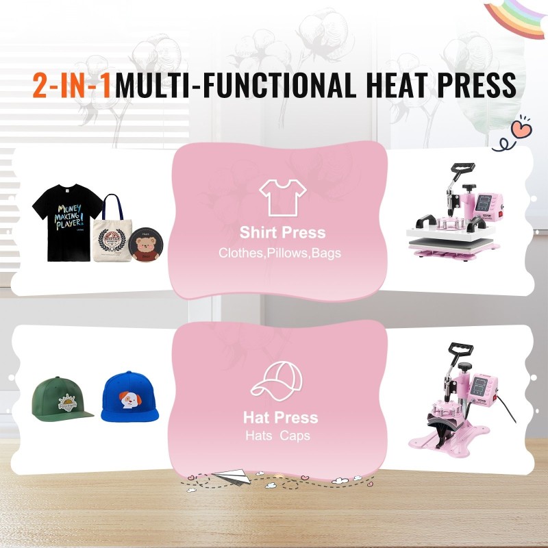 Lämpöprässi 300x250 mm kaksitoiminen tasoprässi ja lippaprässi pinkki