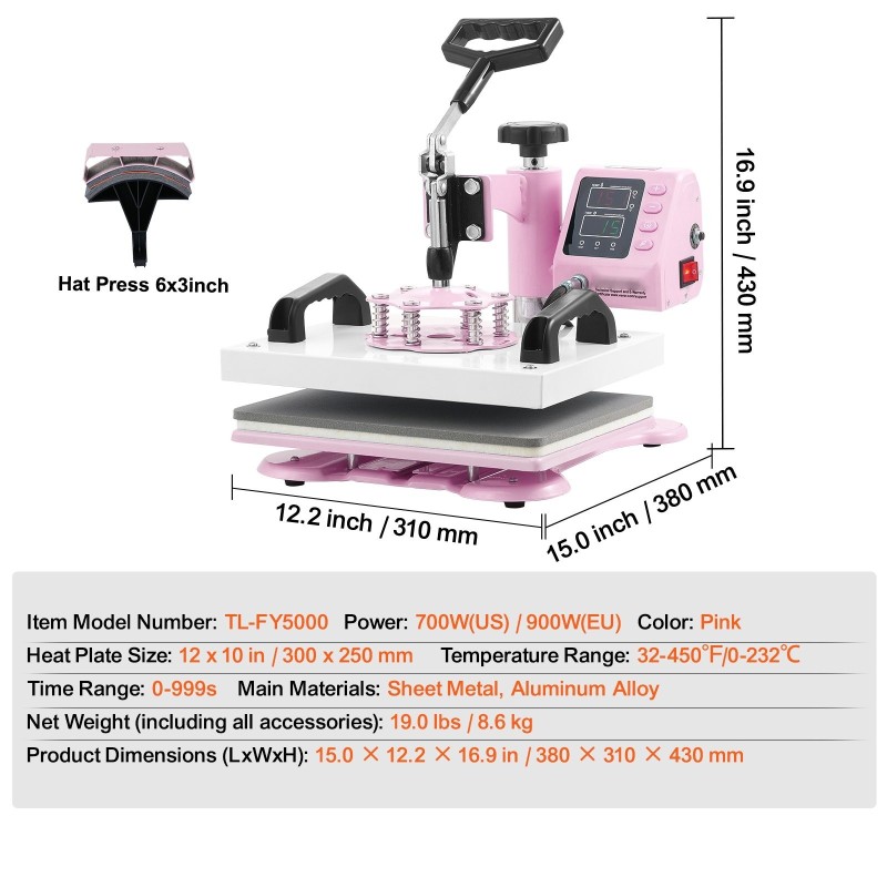 Lämpöprässi 300x250 mm kaksitoiminen tasoprässi ja lippaprässi pinkki