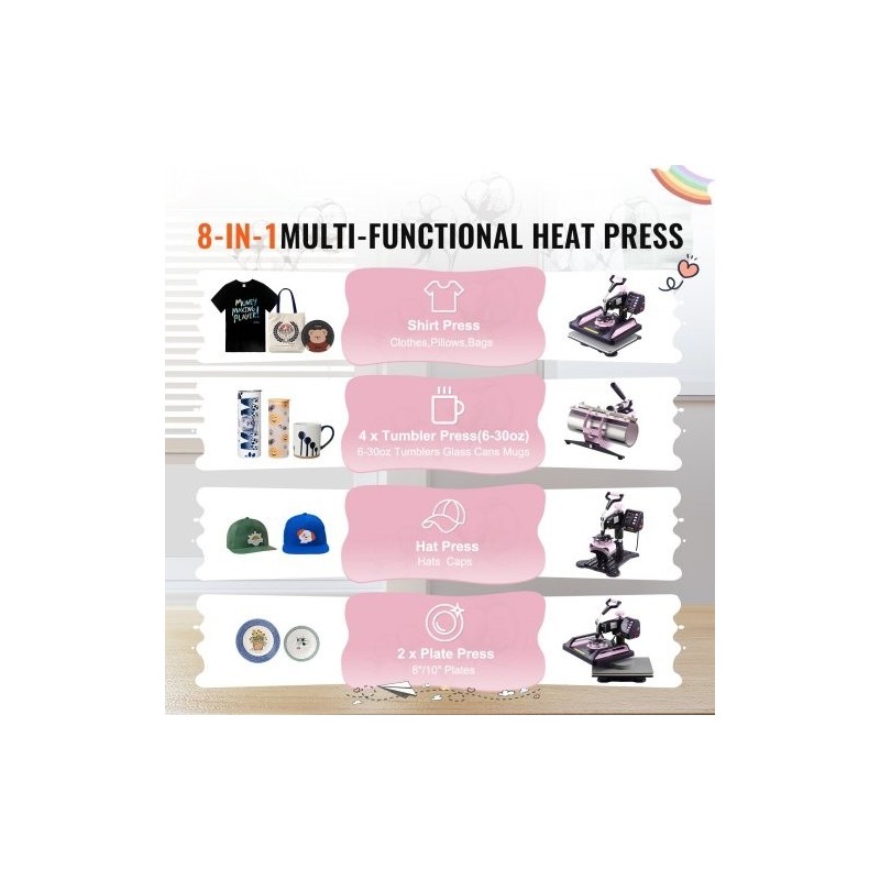 Lämpöprässi 8-in-1 muovi alumiiniseos lämpölevy 290 x 380 mm musta-pinkki