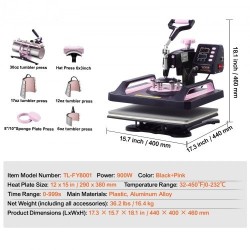 Lämpöprässi 8-in-1 muovi alumiiniseos lämpölevy 290 x 380 mm musta-pinkki