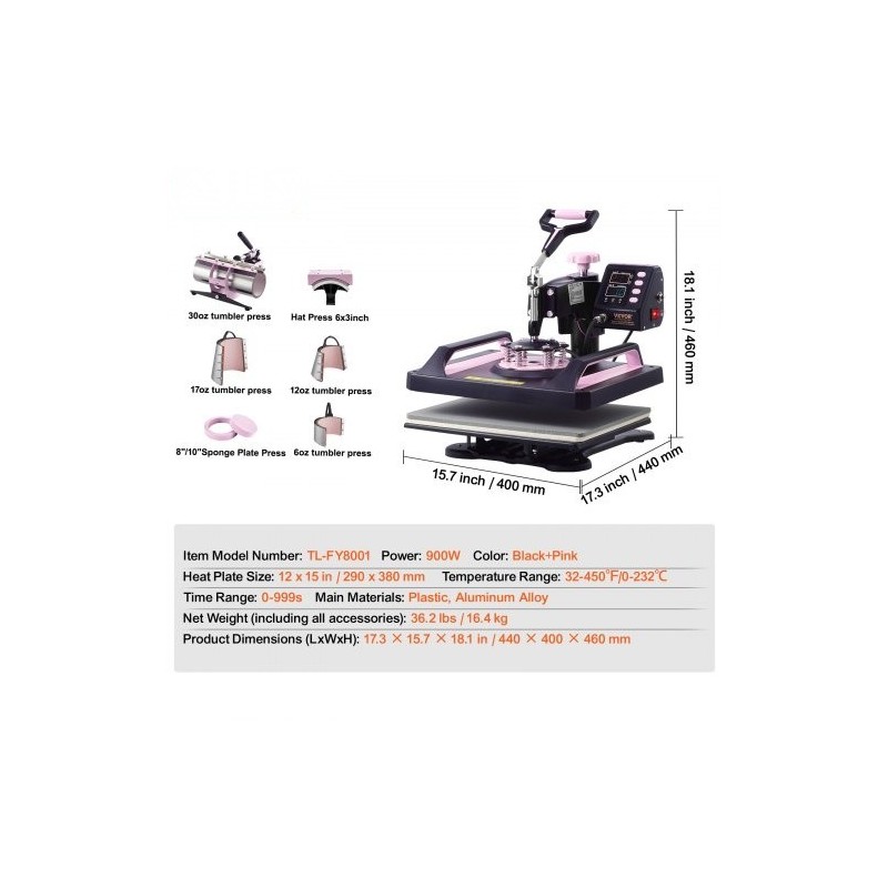 Lämpöprässi 8-in-1 muovi alumiiniseos lämpölevy 290 x 380 mm musta-pinkki