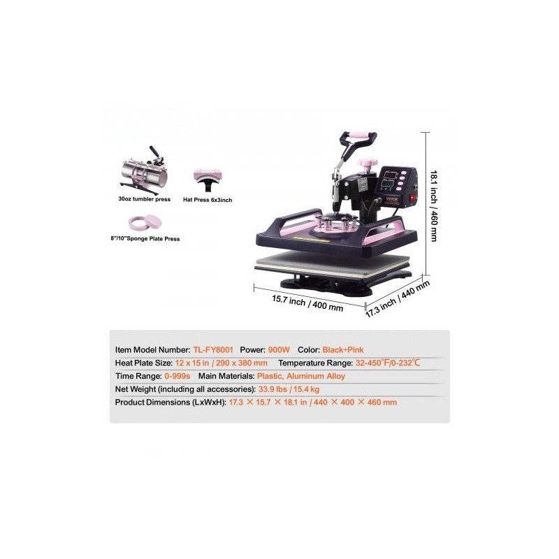 Monikäyttöinen lämpöprässi muovi alumiiniseos 290x380mm musta pinkki