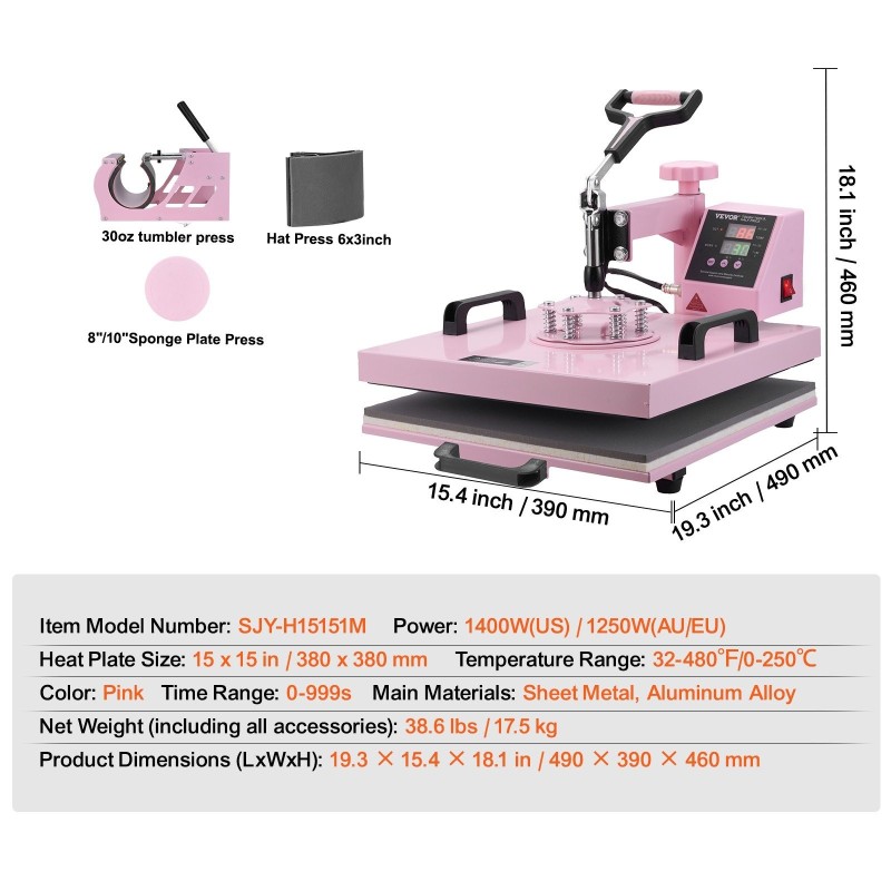 Lämpöprässi 380x380 mm viisitoiminen pakkaus vetolaatikolla mukiprässi kahdelle pinkki