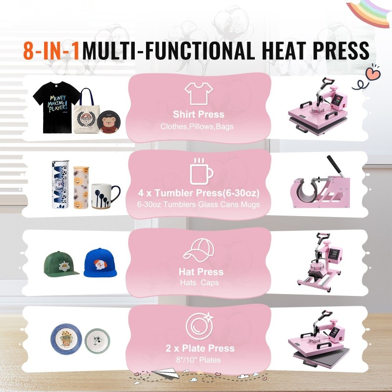 Lämpöprässi 38 x 38 cm 8-osainen monitoimi pinkki mukiprässilisäosalla