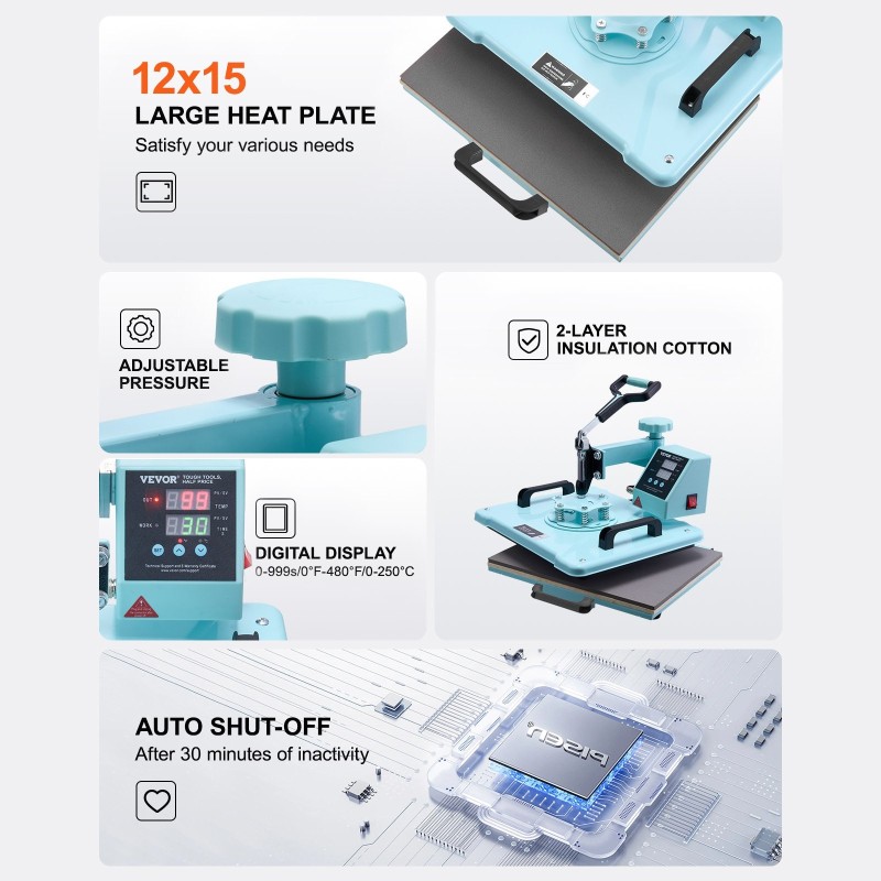 Monitoiminen lämpöprässi 12 x 15 tuuman levy digitaalinen säädettävä vihreä