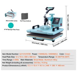Monitoiminen lämpöprässi 12 x 15 tuuman levy digitaalinen säädettävä vihreä
