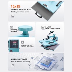 Lämpöprässi 15x15 tuumaa monitoiminen digitaalinen ohjaus 360 astetta kääntyvä varsi