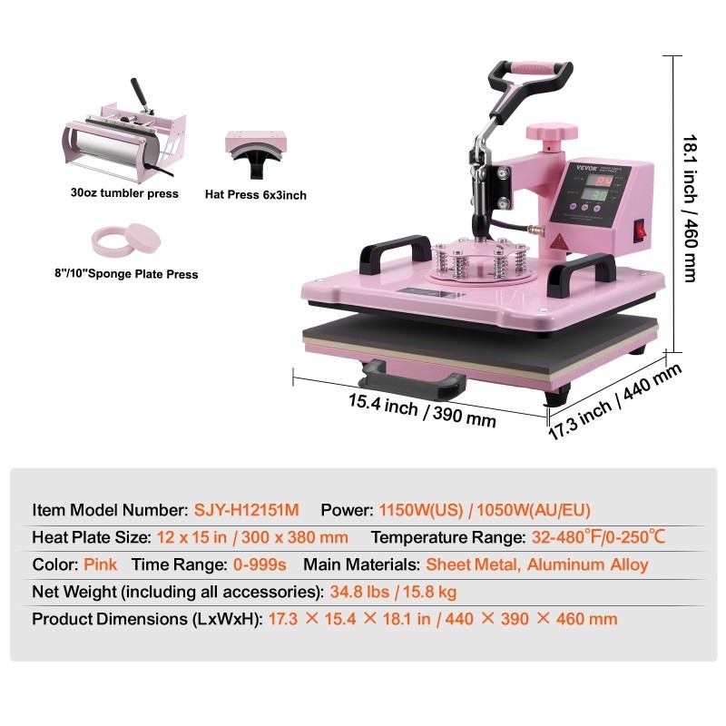 Lämpöpuristin 5-osainen 300x380 mm vaaleanpunainen tekstiileille ja mukeille
