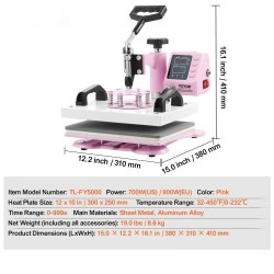Lämpöprässilaite 300 x 250 mm pinkki T-paitojen ja tekstiilien painamiseen