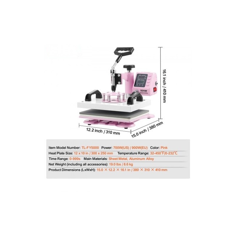 Lämpöprässilaite 300 x 250 mm pinkki T-paitojen ja tekstiilien painamiseen