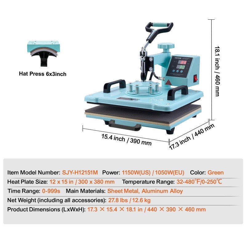 Lämpöprässikone levymetalli ja alumiiniseos 300 x 380 mm kaksitoiminen T-paitoihin ja lippalakkeihin