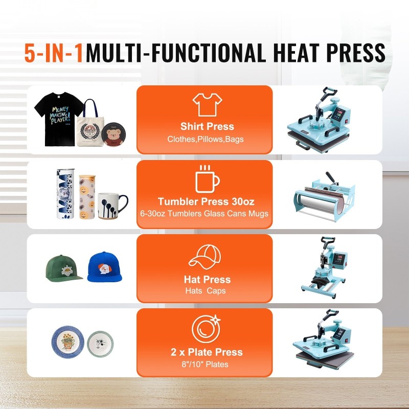 Lämpöprässi teräs alumiini 300 x 380 mm 8-osainen vaatteille ja mukeille vihreä