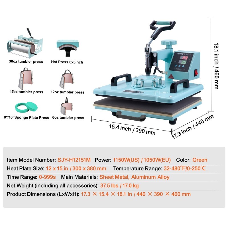 Lämpöprässi teräs alumiini 300 x 380 mm 8-osainen vaatteille ja mukeille vihreä