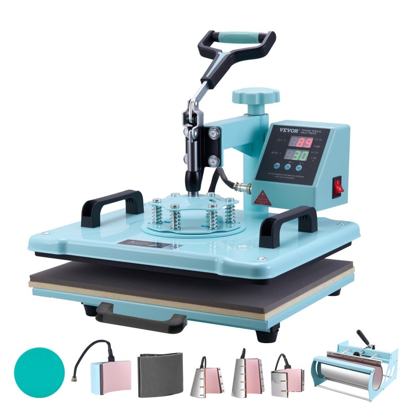 Lämpöprässi teräs alumiini 300 x 380 mm 8-osainen vaatteille ja mukeille vihreä