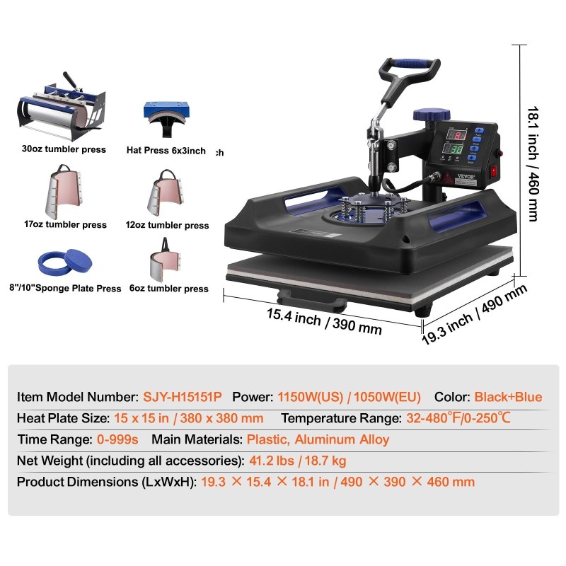 8-toimintoinen lämpöprässi lämpölevy 38 x 38 cm kaksipaikkainen mukiprässi musta sininen