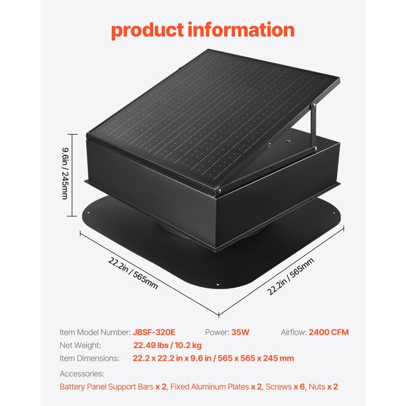 Kattotuuletin ullakolle aurinkokäyttöinen 35W monokiteisellä aurinkopaneelilla harjaton tasavirtamoottori automaattinen lämpö ja