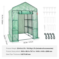 Käveltävä kasvihuone teräsrunko korkean lujuuden PE-peite 141×74.5×200 cm hyllyillä